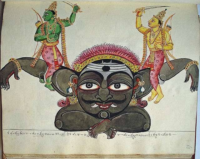 Allégorie des deux voies de l'accès ouvert : aquarelle indienne représentant Rāma (peau verte) et Lakṣmaṇa (peau dorée) assis sur les bras de Kabandha.