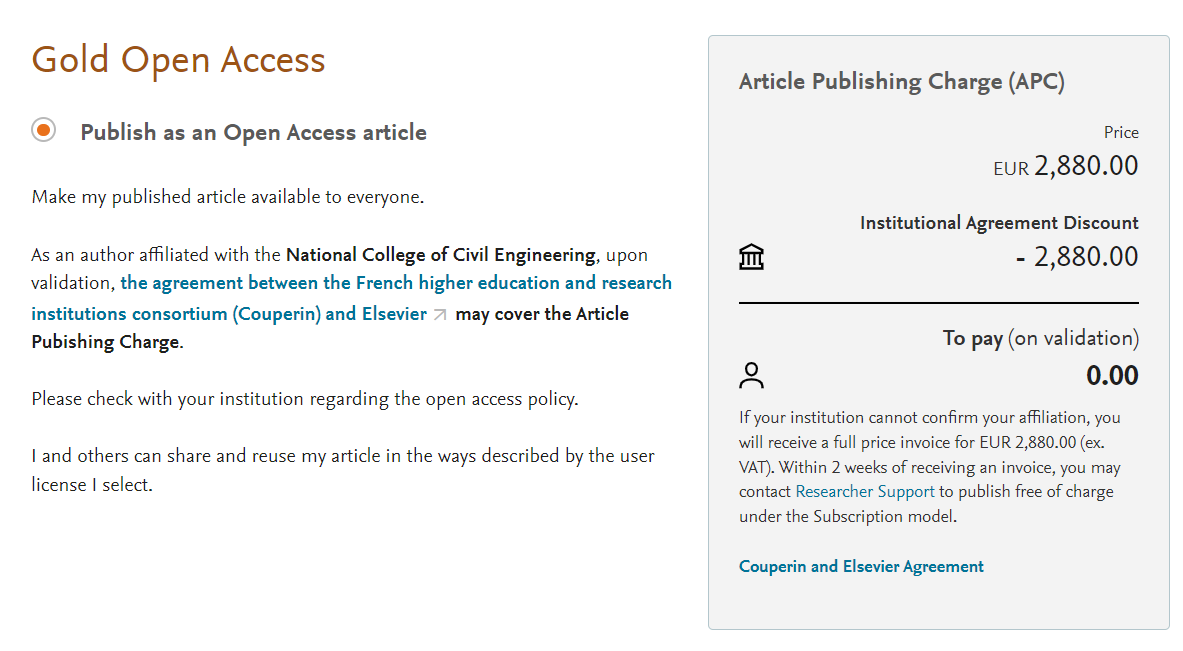 Écran de choix de publication en accès ouvert chez Elsevier