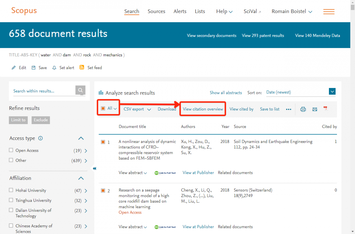 Display citing references in Scopus